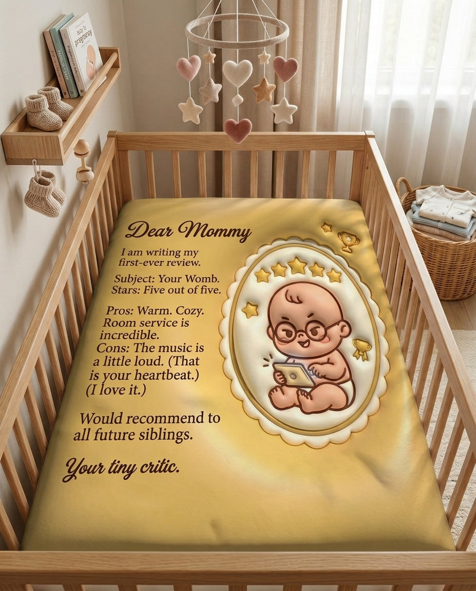 TotKind - Baby Writing Yelp Review of the Womb - Blanket
