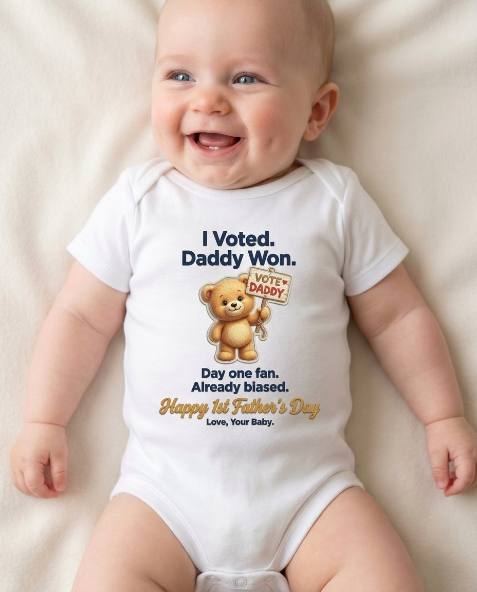 TotKind - H9 Vote Daddy Picket-Sign Bear Ultra-Short 2-Sent - Baby Onesie - 13052026