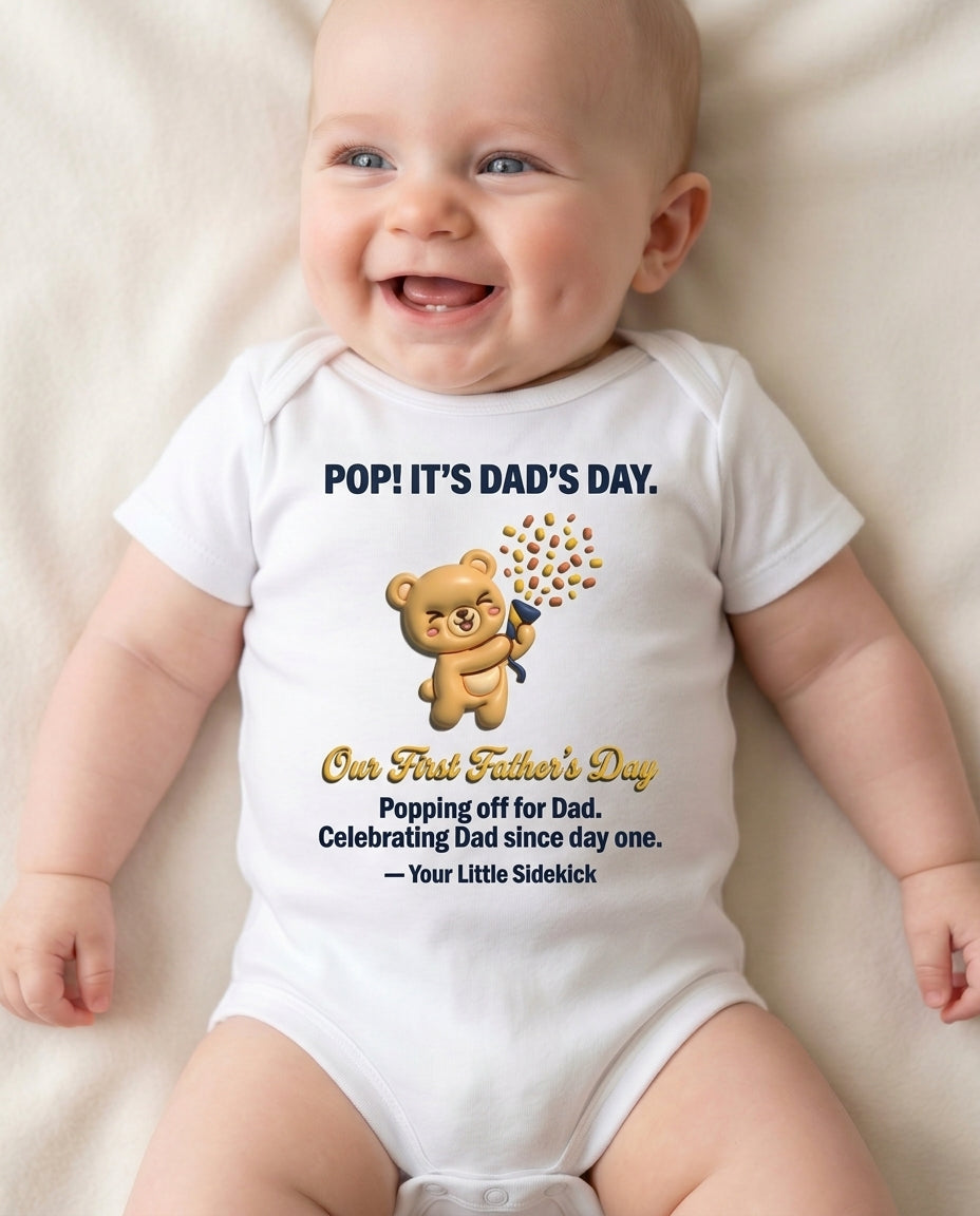 TotKind - Party Popper Bear Our First Fathers Day - Baby Onesie - 11052026