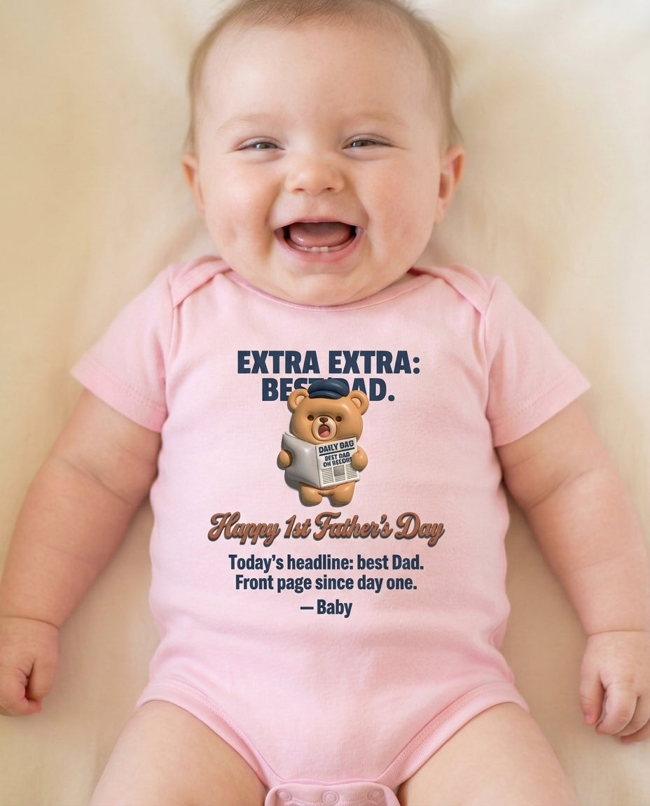TotKind - Newspaper Bear Happy 1st Fathers Day - Baby Onesie - 11052026