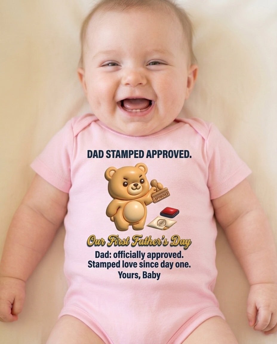 TotKind - Approved Stamp Bear Our First Fathers Day - Baby Onesie - 11052026