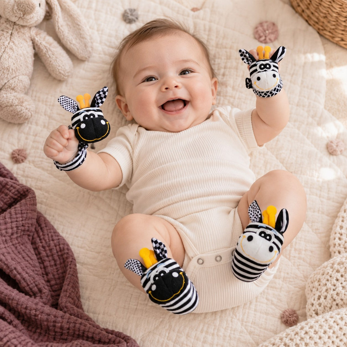 Baby Wrist Rattle & Foot Finder Socks Set — in use