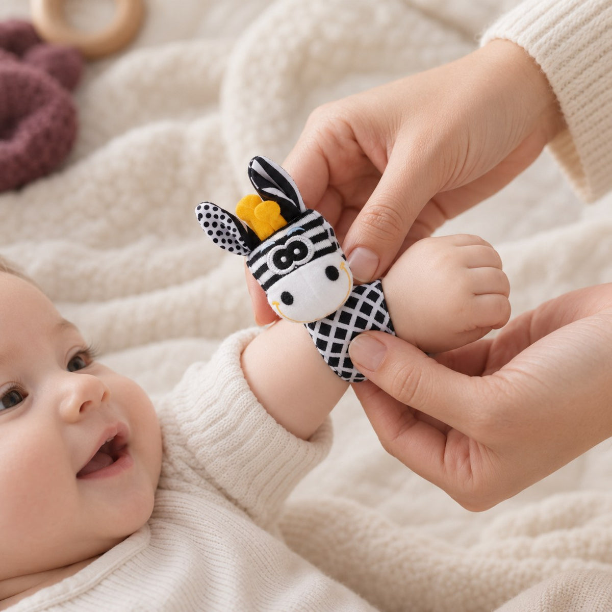 Baby Wrist Rattle & Foot Finder Socks Set — size in hand
