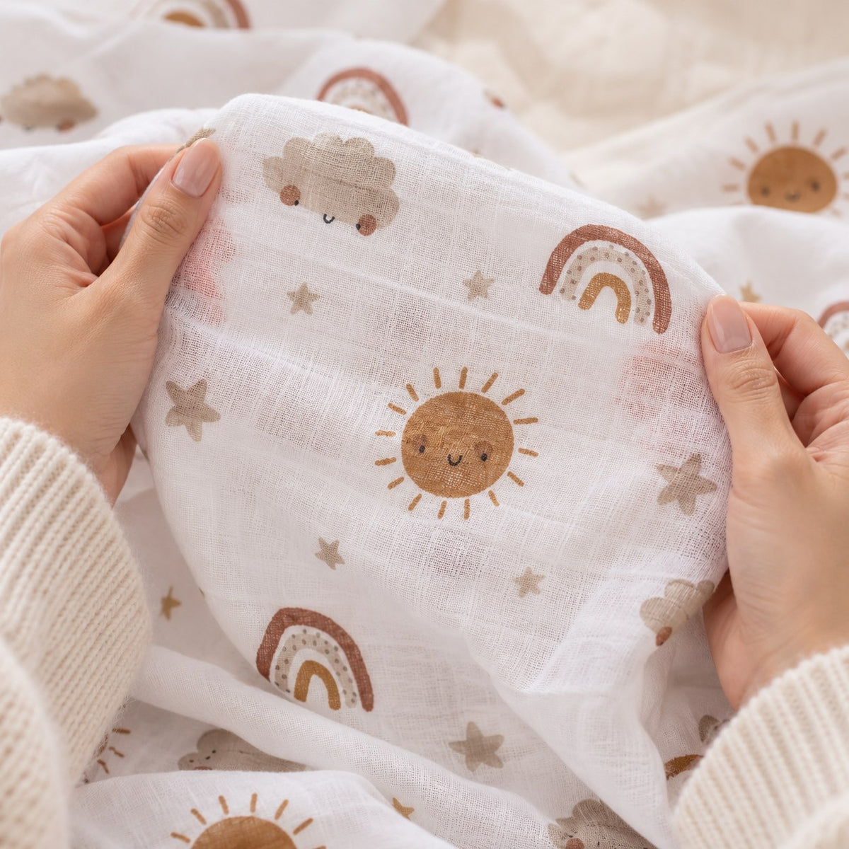 Bamboo Muslin Swaddle Blanket — size in hand