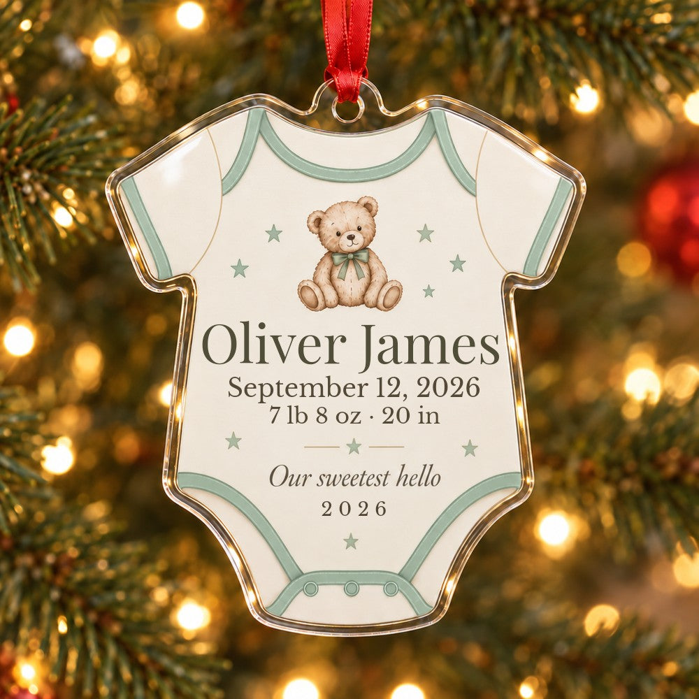 Birth Stats Bodysuit Ornament — personalized Christmas ornament