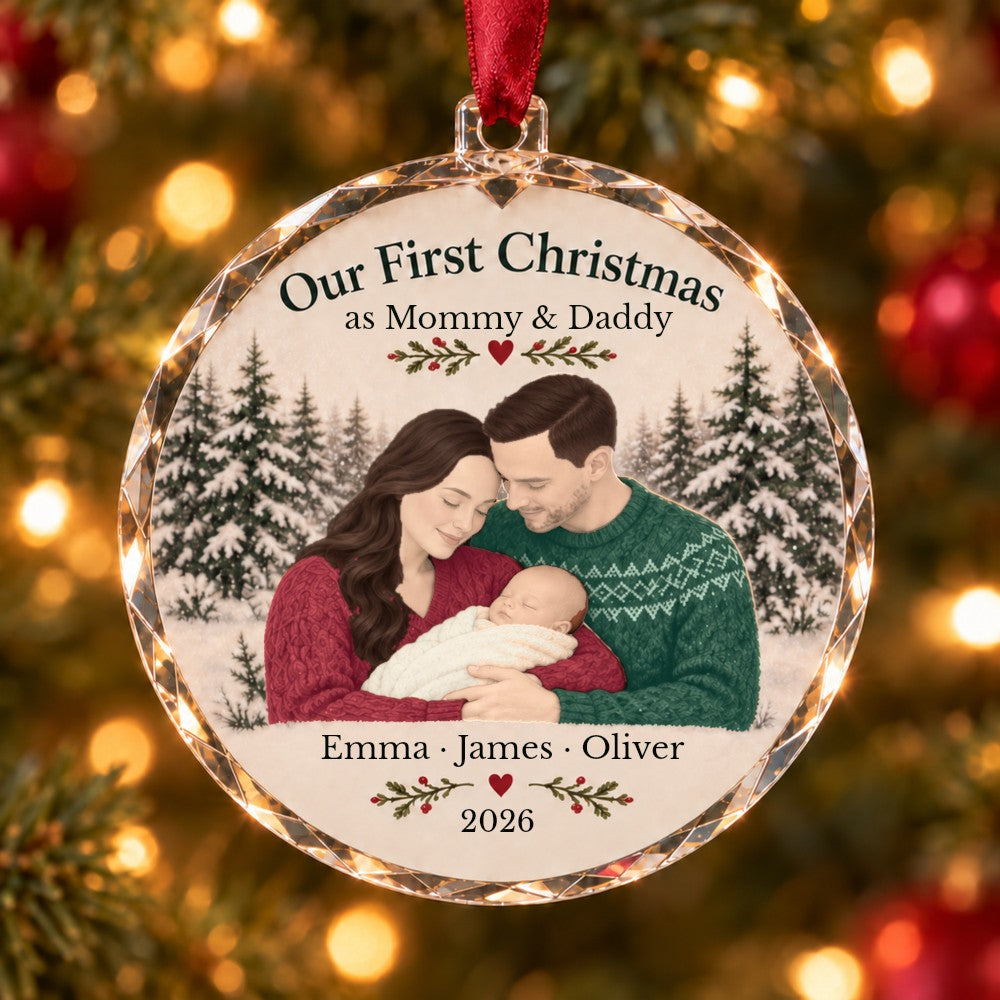 Family of Three Glass Ornament