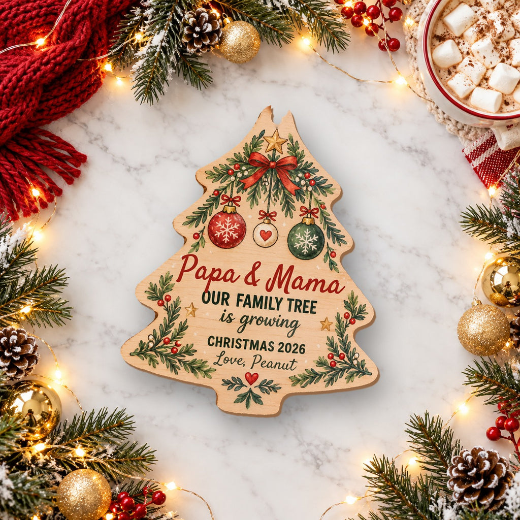 Personalized Our Family Tree Is Growing Wooden ornament flat lay
