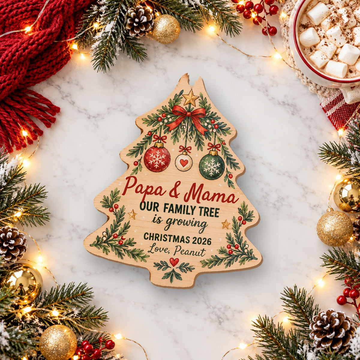 Personalized Our Family Tree Is Growing Wooden ornament flat lay