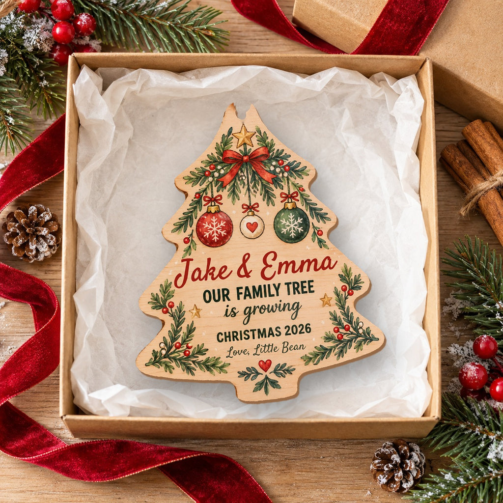 Personalized Our Family Tree Is Growing Wooden ornament in a kraft gift box