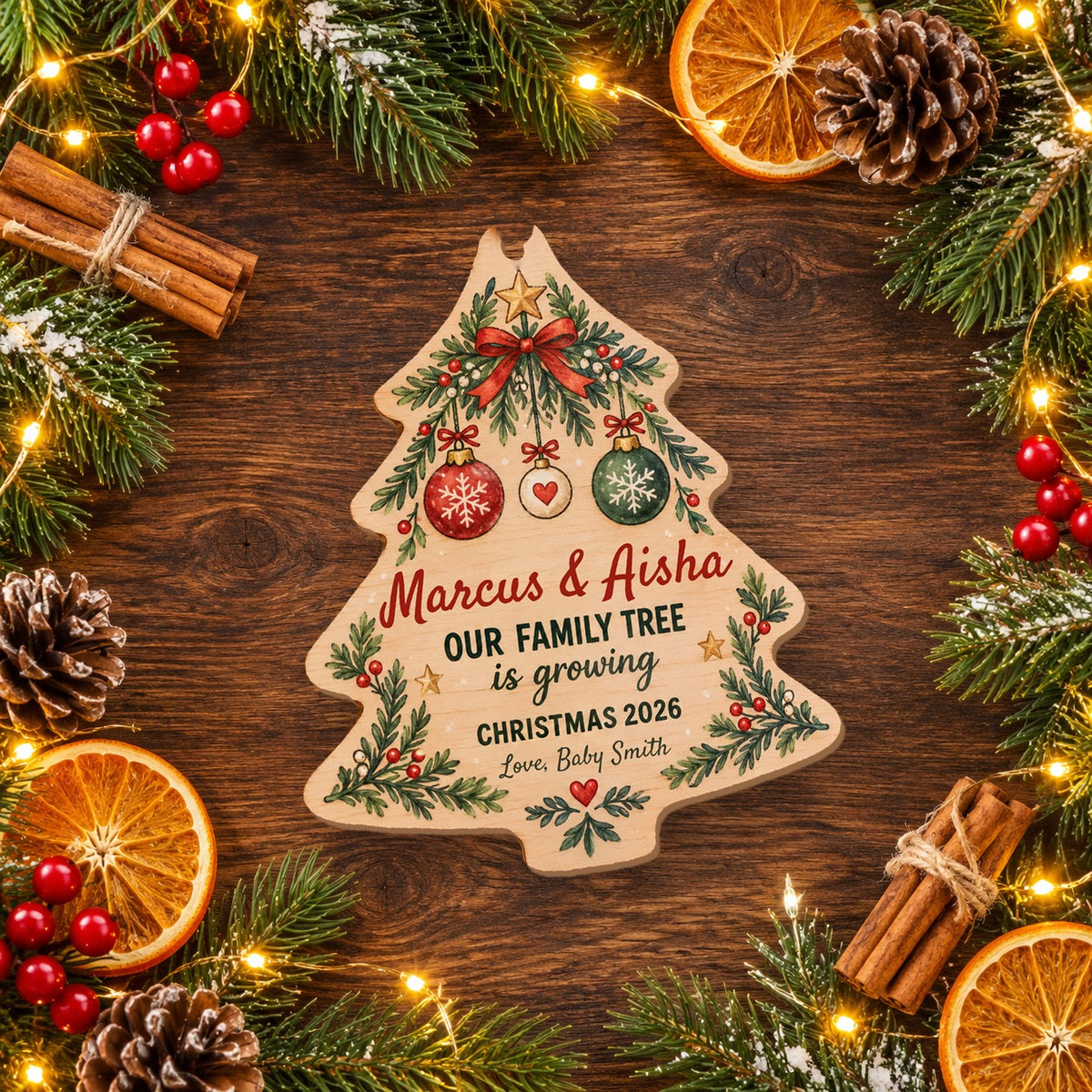 Personalized Our Family Tree Is Growing Wooden ornament flat lay