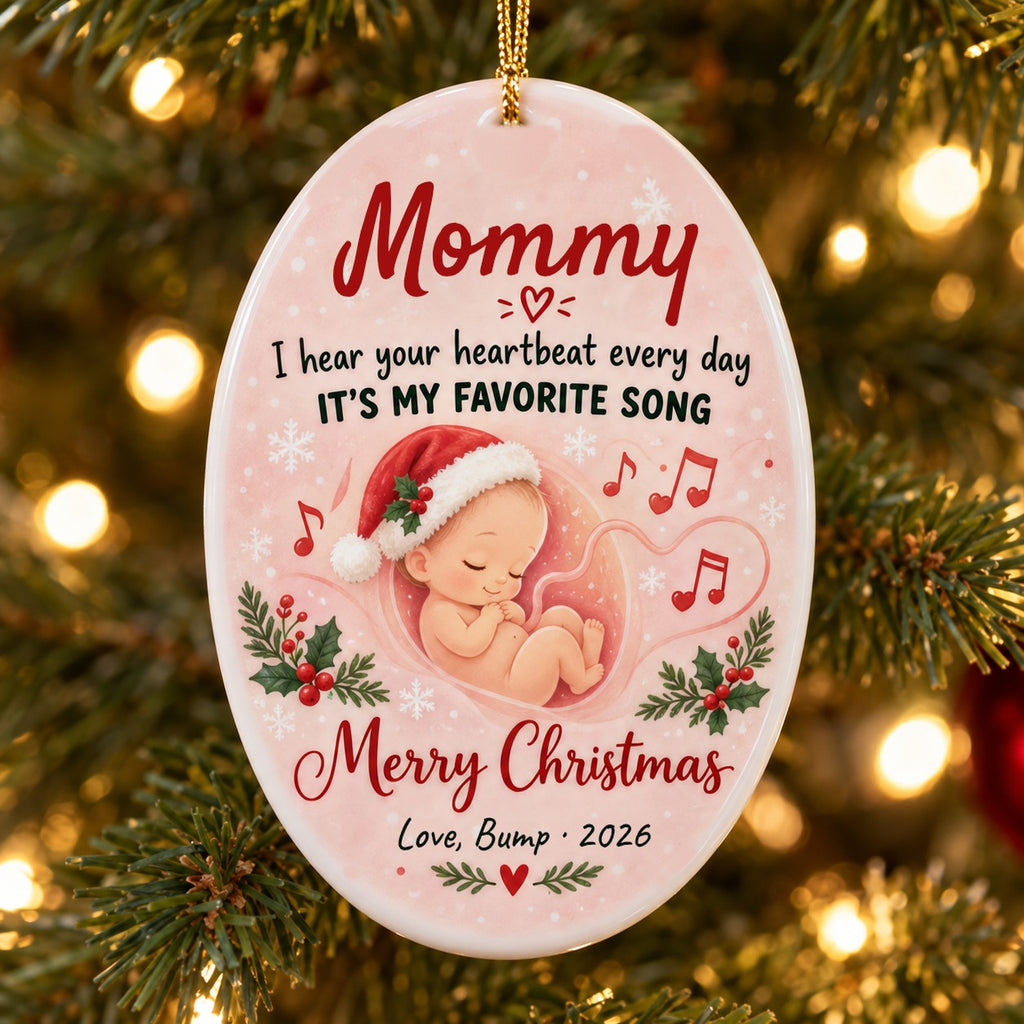 Personalized Mommy, Your Heartbeat Is My Favorite Song ornament on a Christmas tree