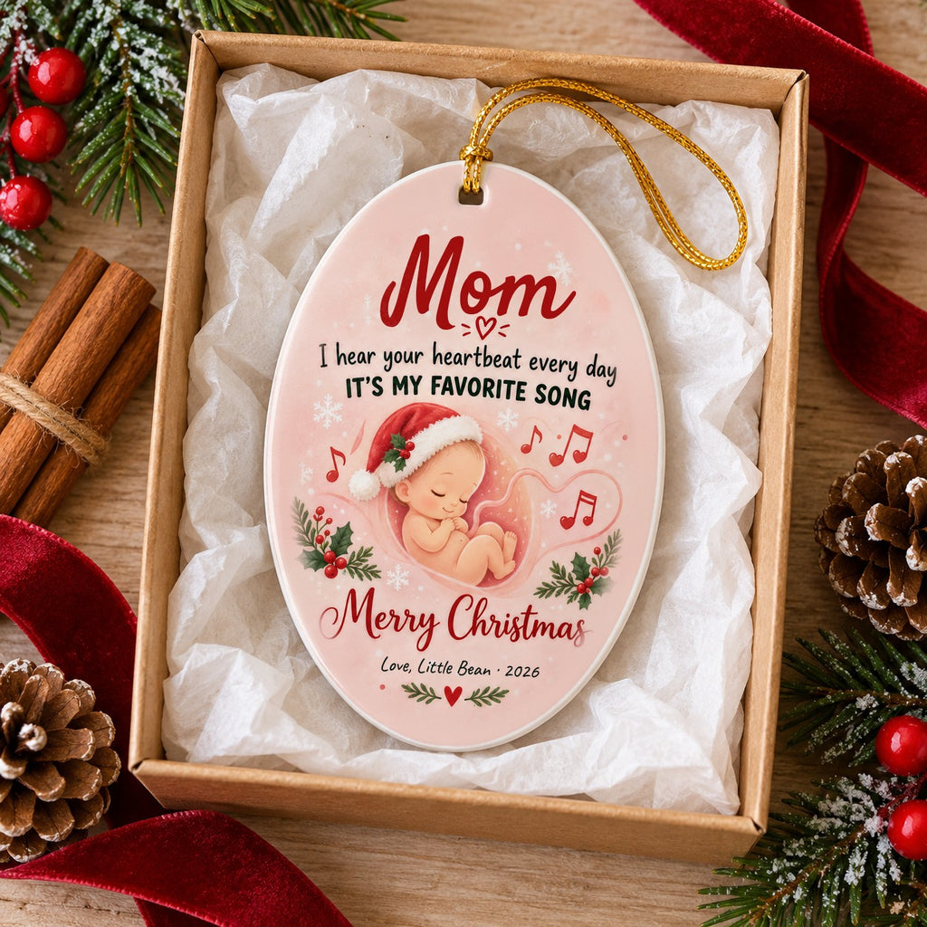 Personalized Mommy, Your Heartbeat Is My Favorite Song ornament in a kraft gift box
