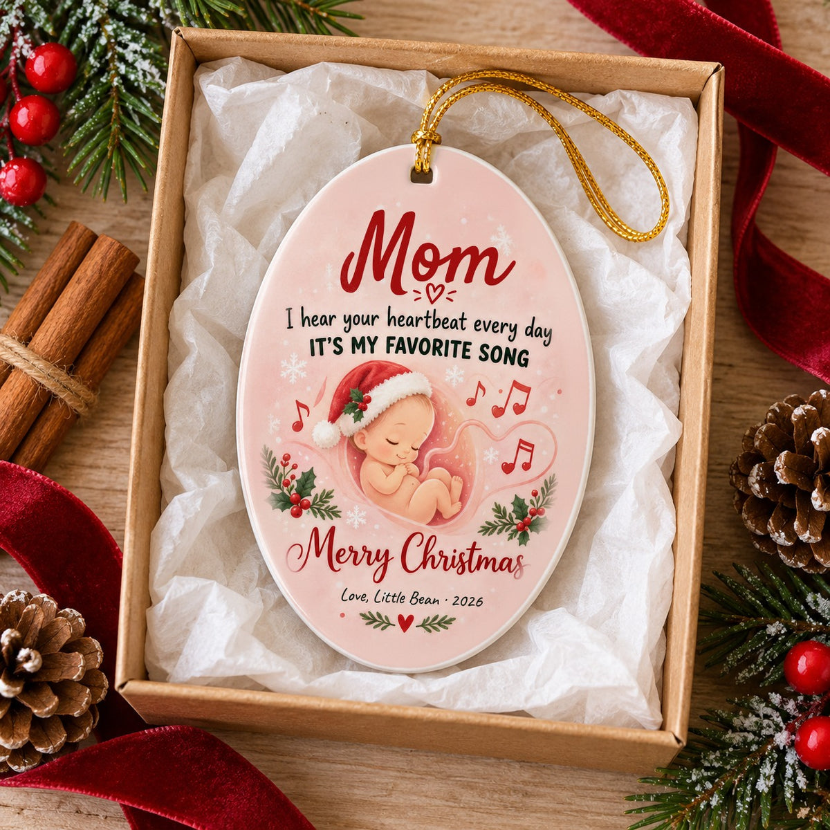 Personalized Mommy, Your Heartbeat Is My Favorite Song ornament in a kraft gift box
