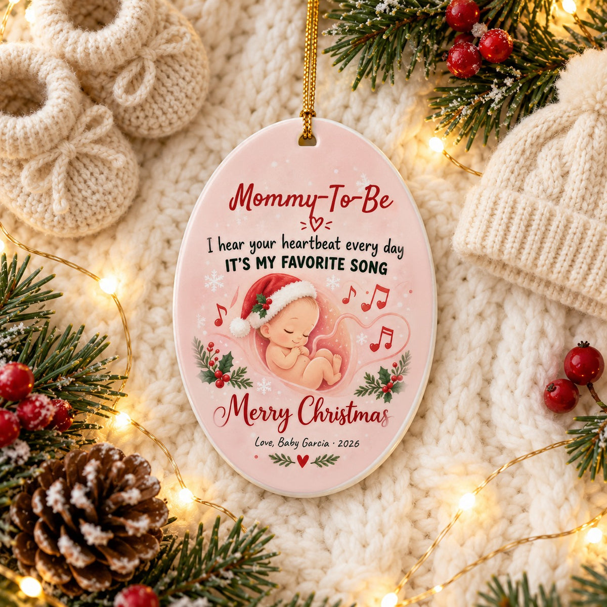 Personalized Mommy, Your Heartbeat Is My Favorite Song ornament on a cozy knit blanket with baby booties