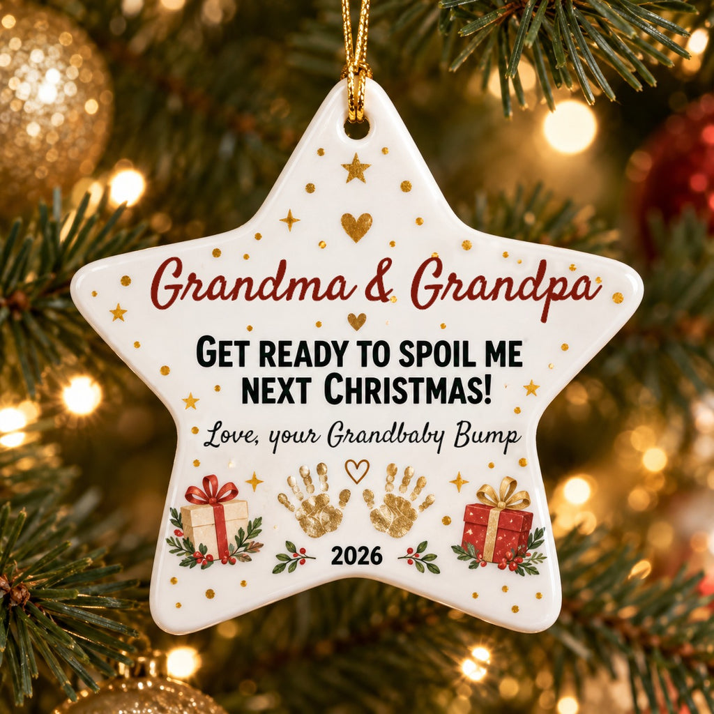 Personalized Grandma & Grandpa, Get Ready To Spoil Me ornament on a Christmas tree