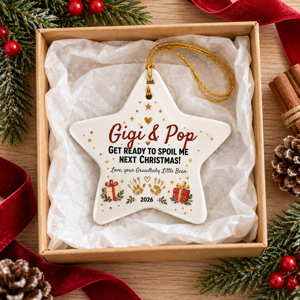 Personalized Grandma & Grandpa, Get Ready To Spoil Me ornament in a kraft gift box