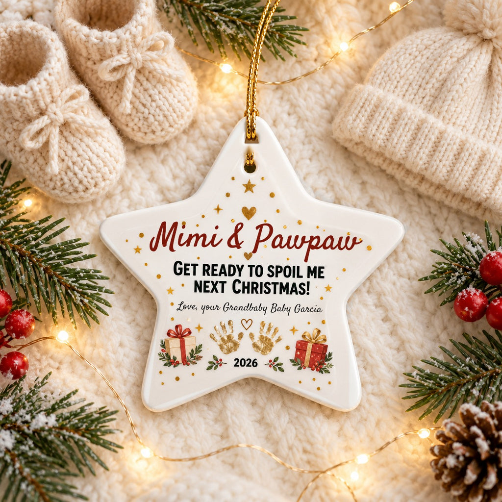 Personalized Grandma & Grandpa, Get Ready To Spoil Me ornament on a cozy knit blanket with baby booties
