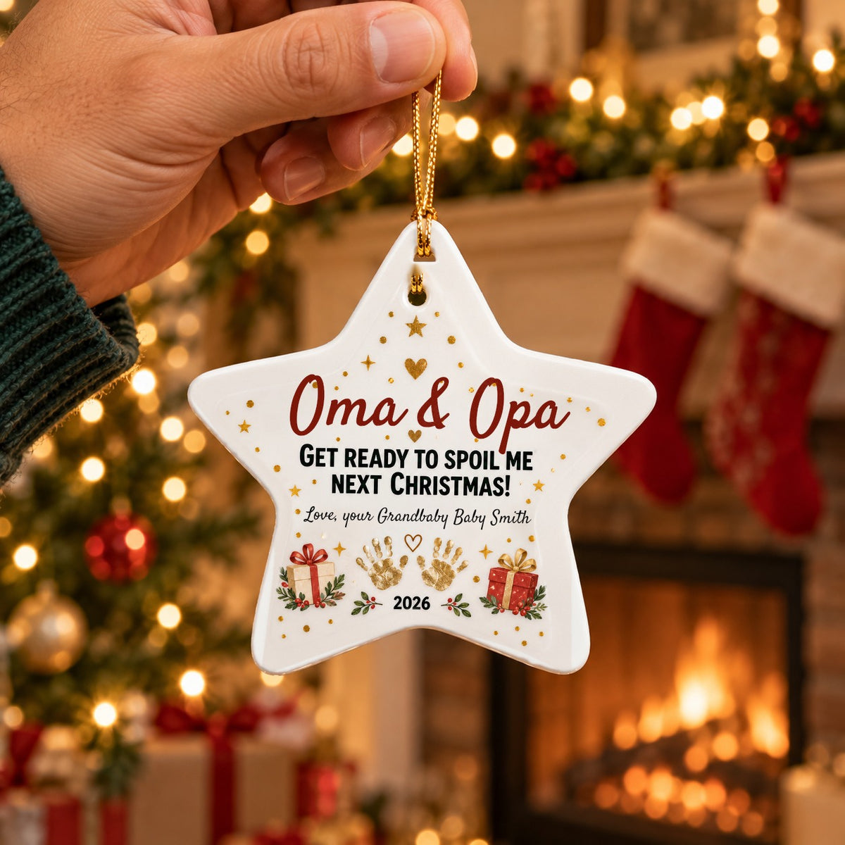 Personalized Grandma & Grandpa, Get Ready To Spoil Me ornament held up in front of a fireplace