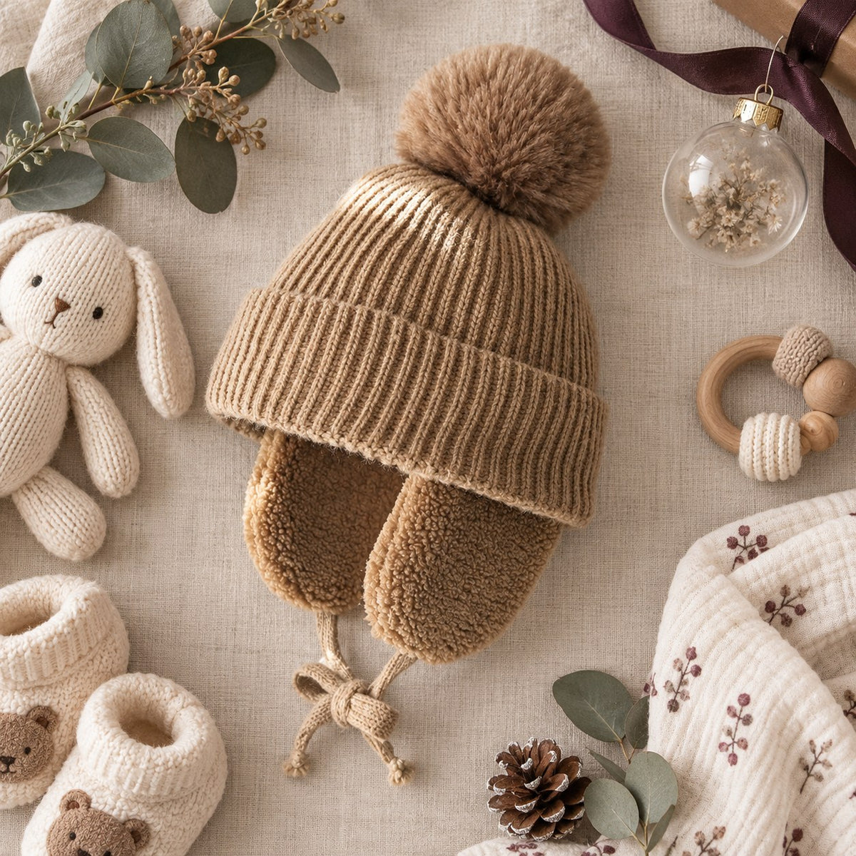 Big Pompom Earflap Beanie (Kids) — flat lay