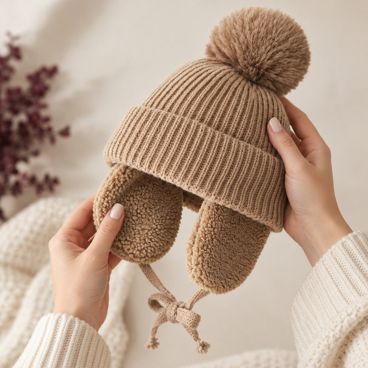 Big Pompom Earflap Beanie (Kids) — size in hand