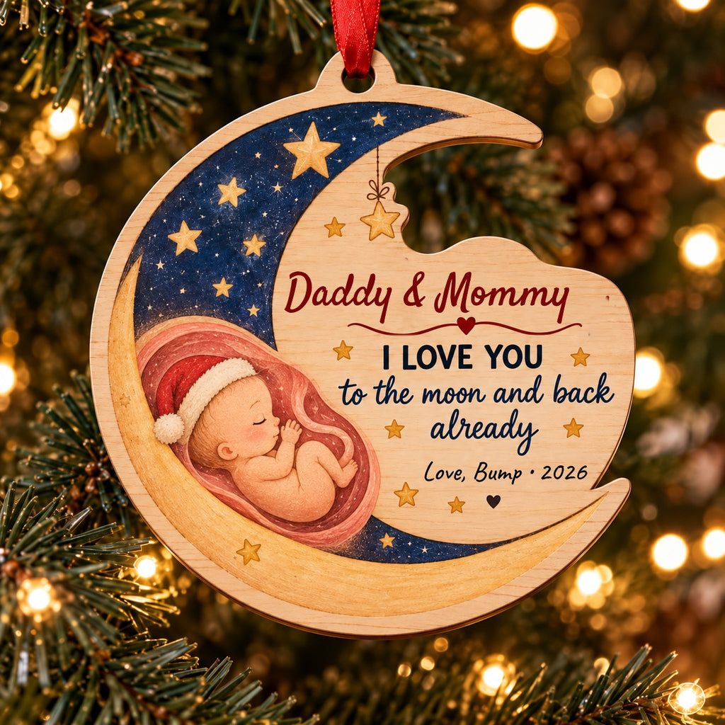 Personalized I Love You To The Moon And Back Already Wooden ornament on a Christmas tree