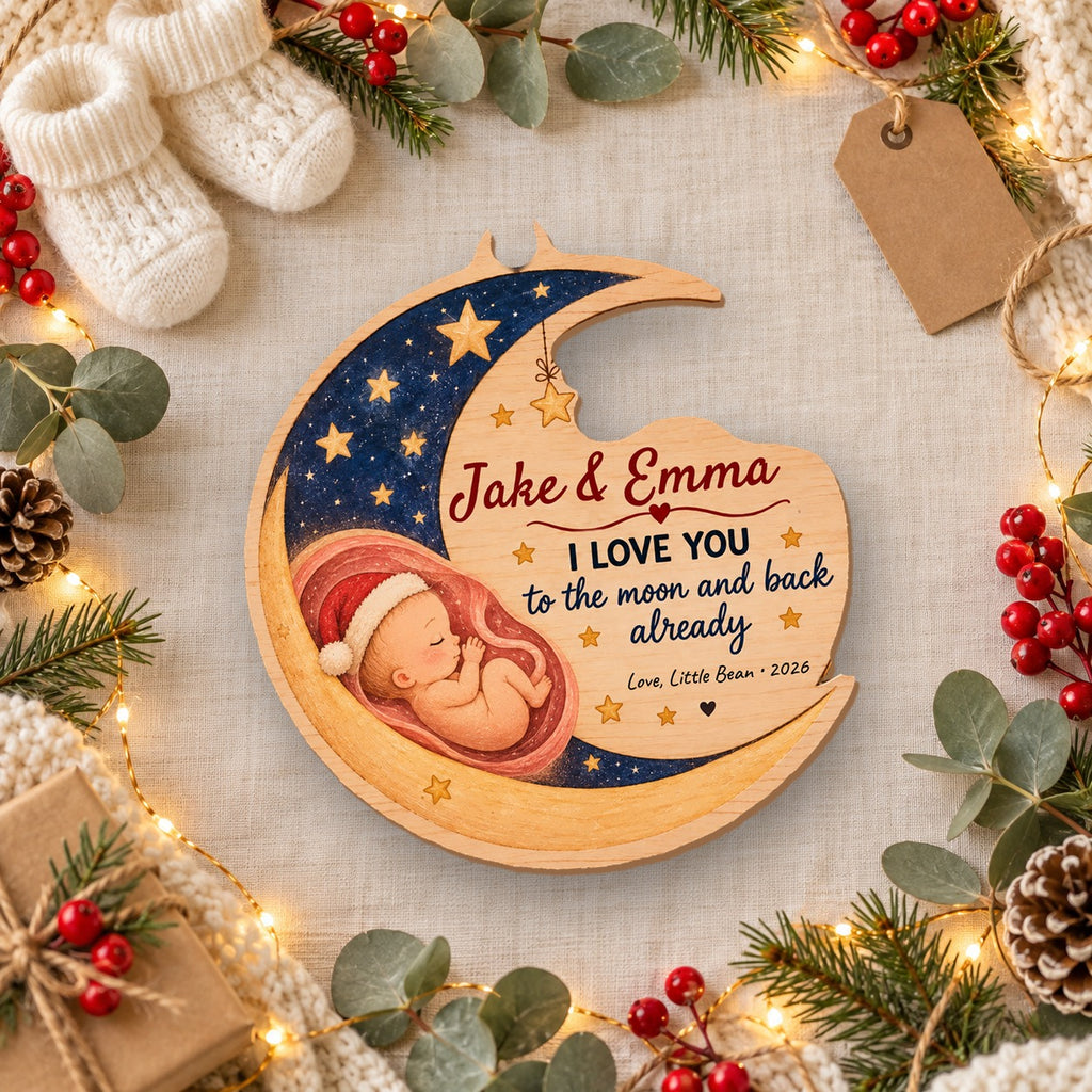 Personalized I Love You To The Moon And Back Already Wooden ornament flat lay