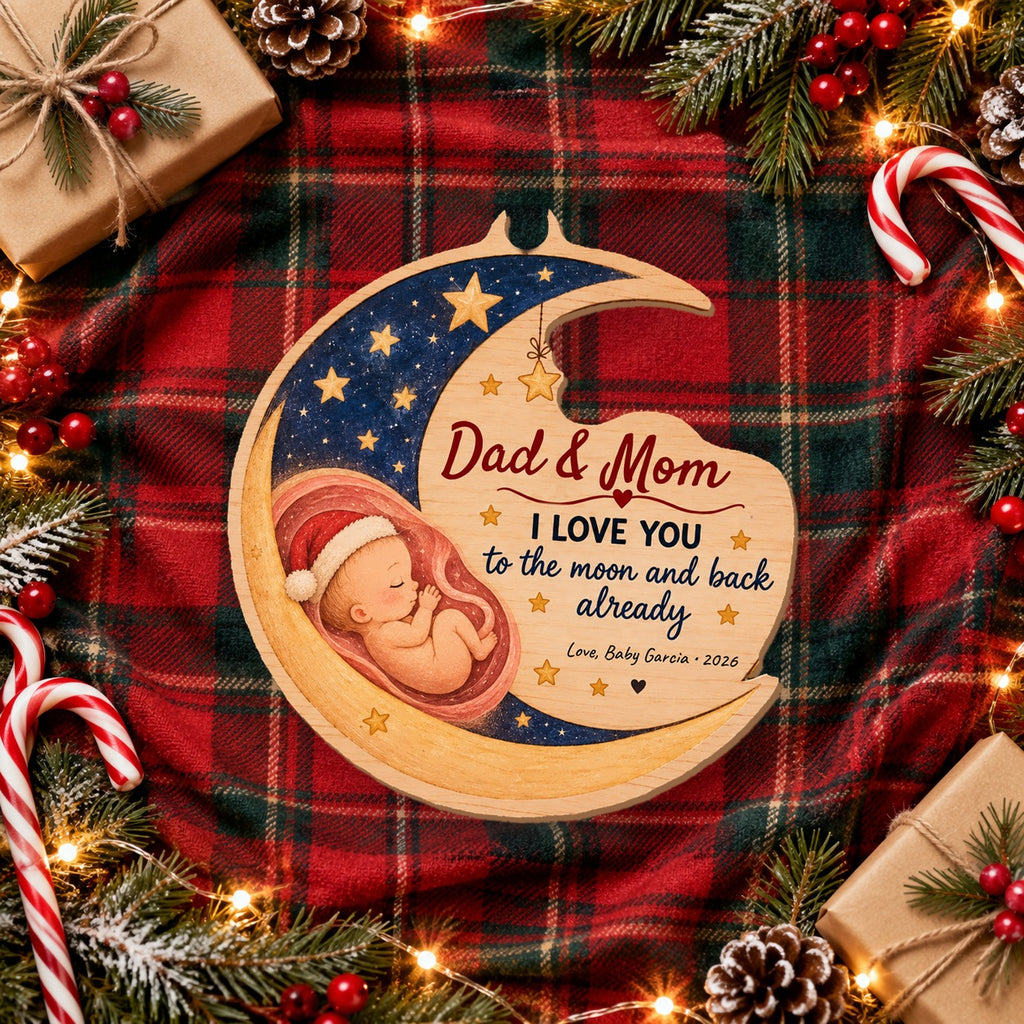 Personalized I Love You To The Moon And Back Already Wooden ornament flat lay