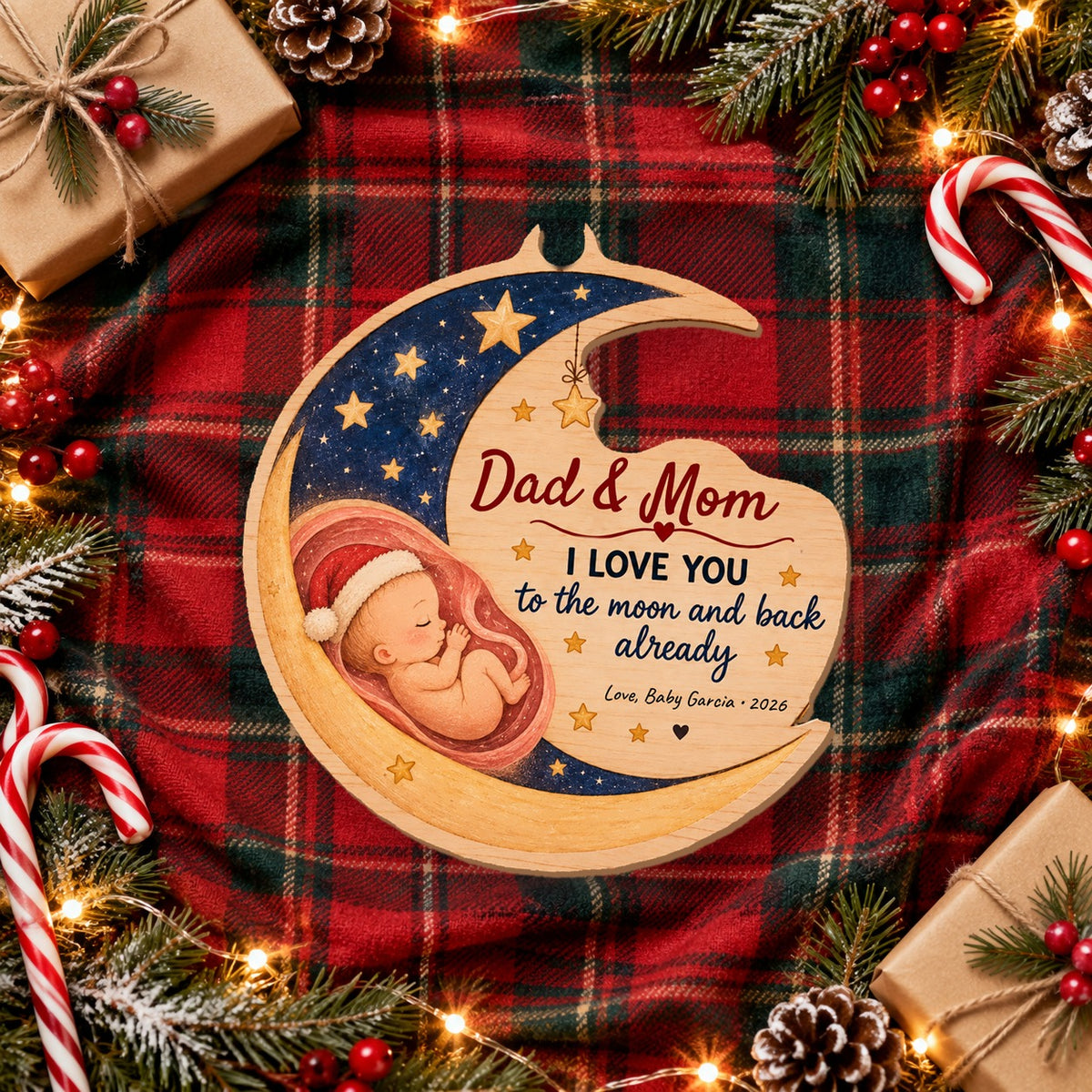 Personalized I Love You To The Moon And Back Already Wooden ornament flat lay