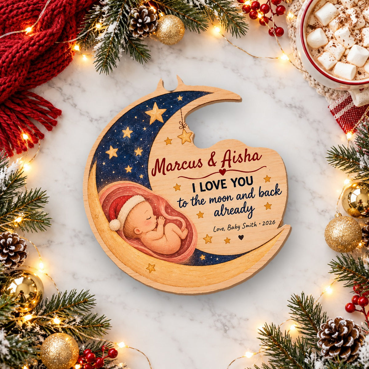 Personalized I Love You To The Moon And Back Already Wooden ornament flat lay