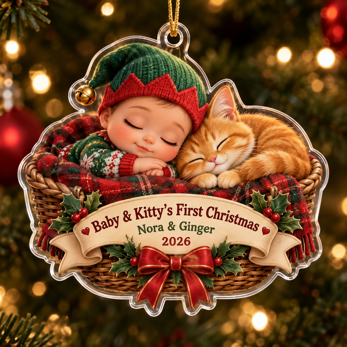 Baby & Kitty's First Christmas personalized acrylic ornament