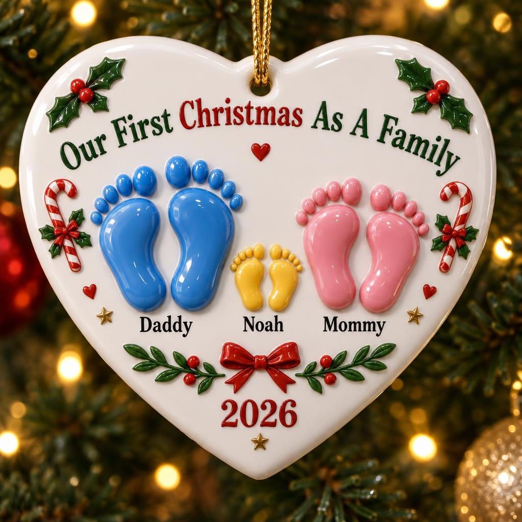 Our First Christmas As A Family Footprints personalized ceramic ornament