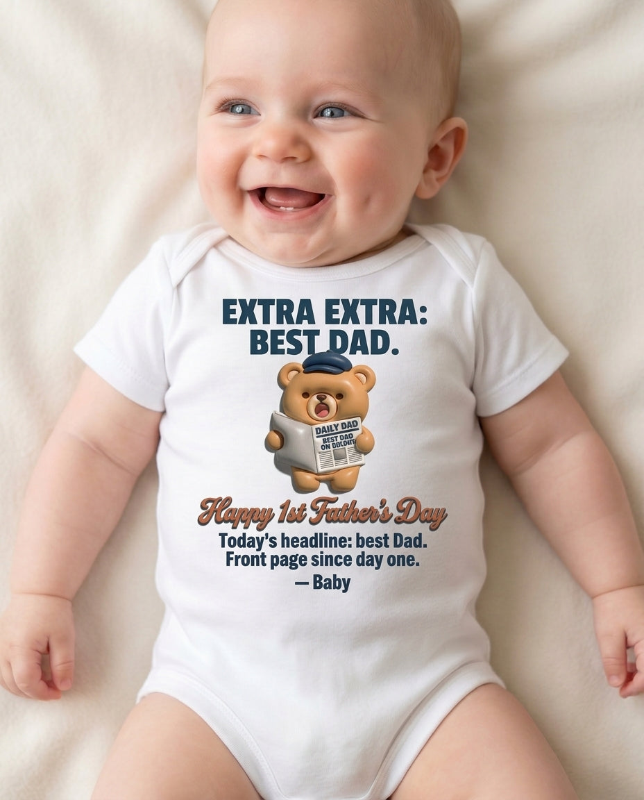 TotKind - Newspaper Bear  Happy 1st Fathers Day - Baby Onesie - 11052026