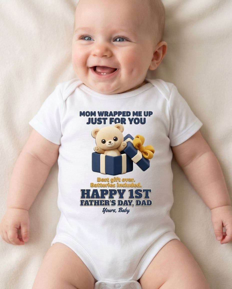 TotKind - Wrapped Bear in Gift Box  Mom Wrapped Me Up FD-I - Baby Onesie