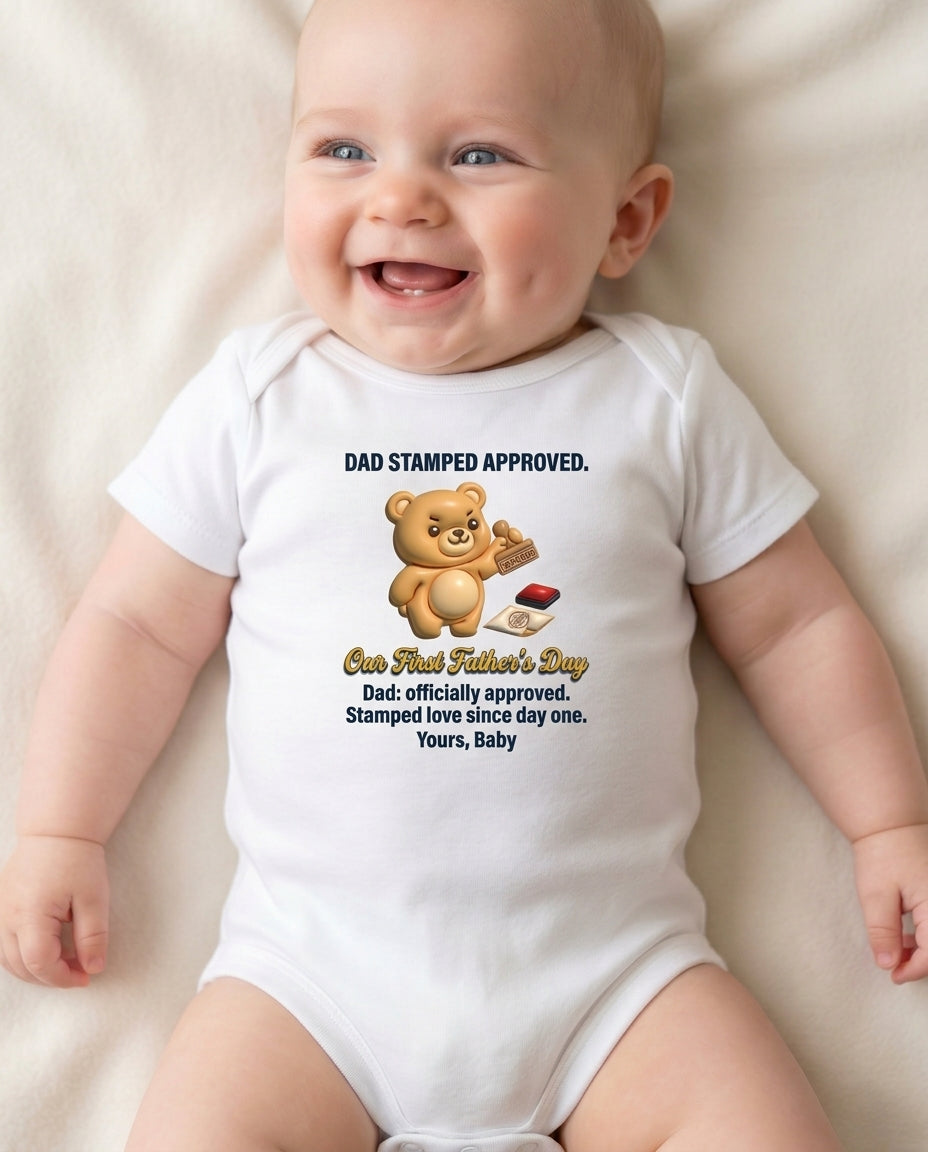 TotKind - Approved Stamp Bear  Our First Fathers Day - Baby Onesie - 11052026