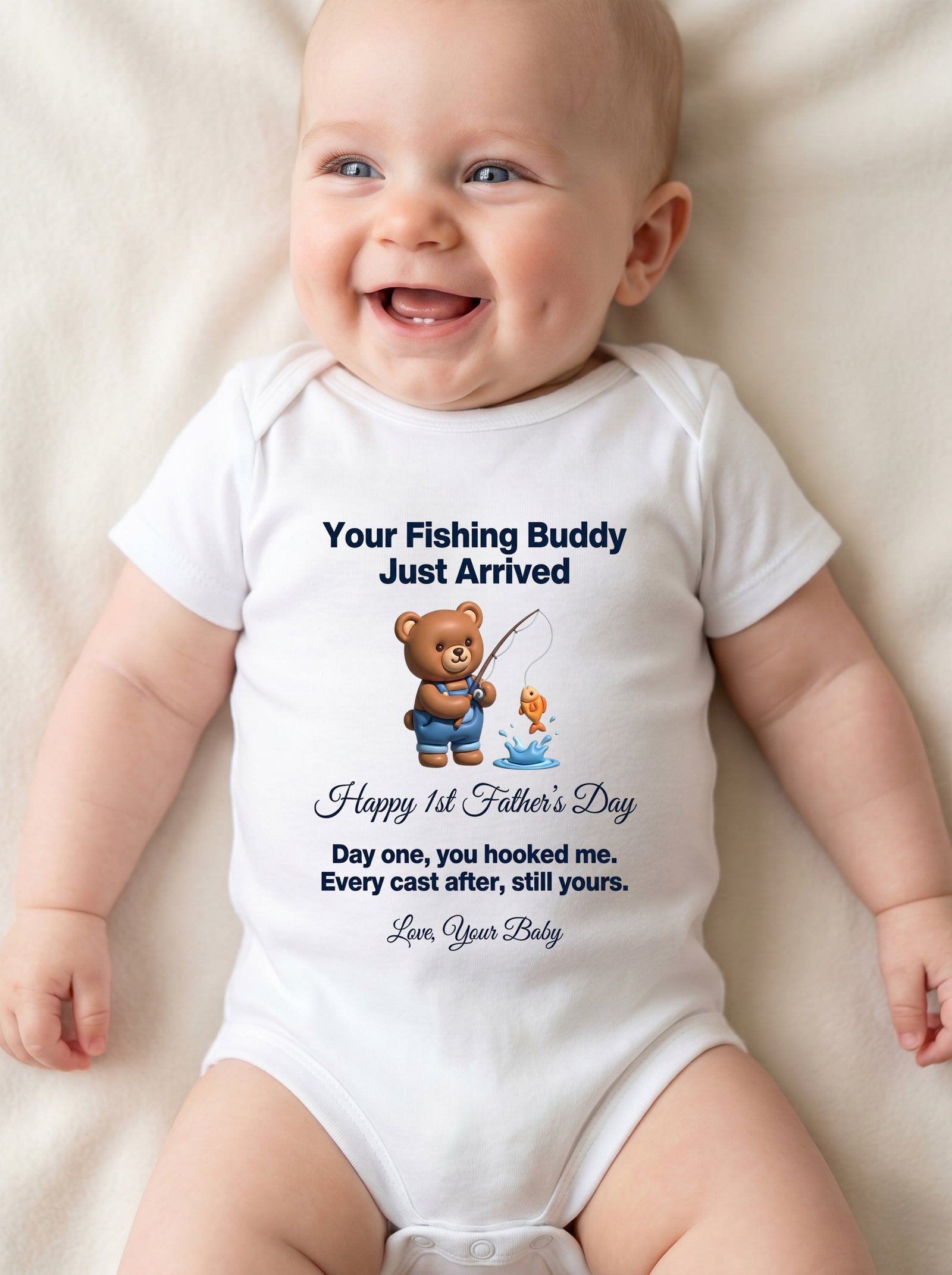 TotKind - NEW Fishing Buddy Bear Happy 1st - Baby Onesie - 21052026