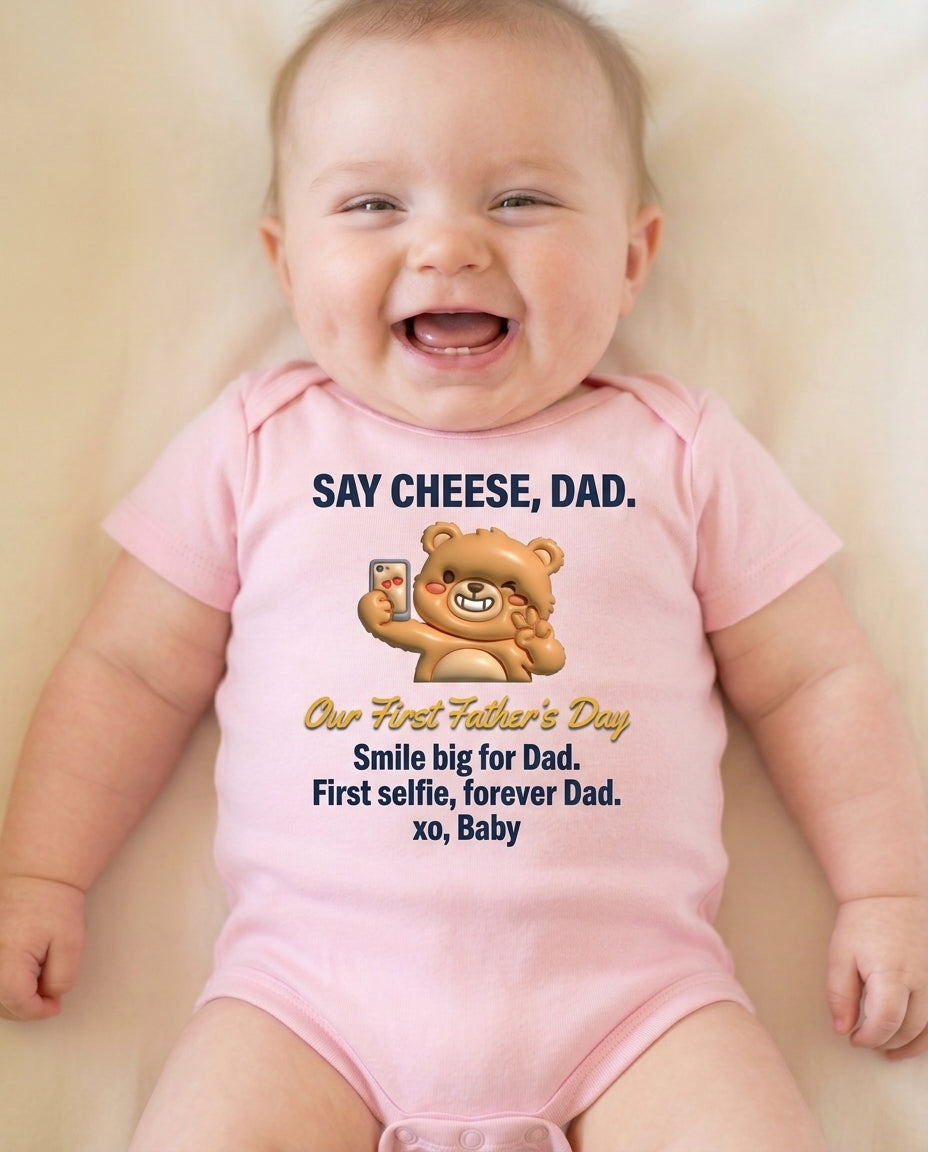 TotKind - Selfie Bear  Our First Fathers Day - Baby Onesie - 11052026