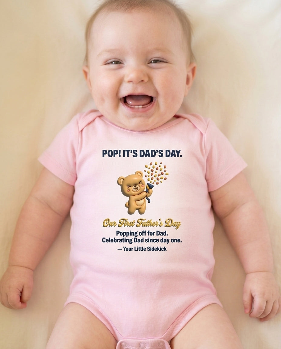 TotKind - Party Popper Bear  Our First Fathers Day - Baby Onesie - 11052026