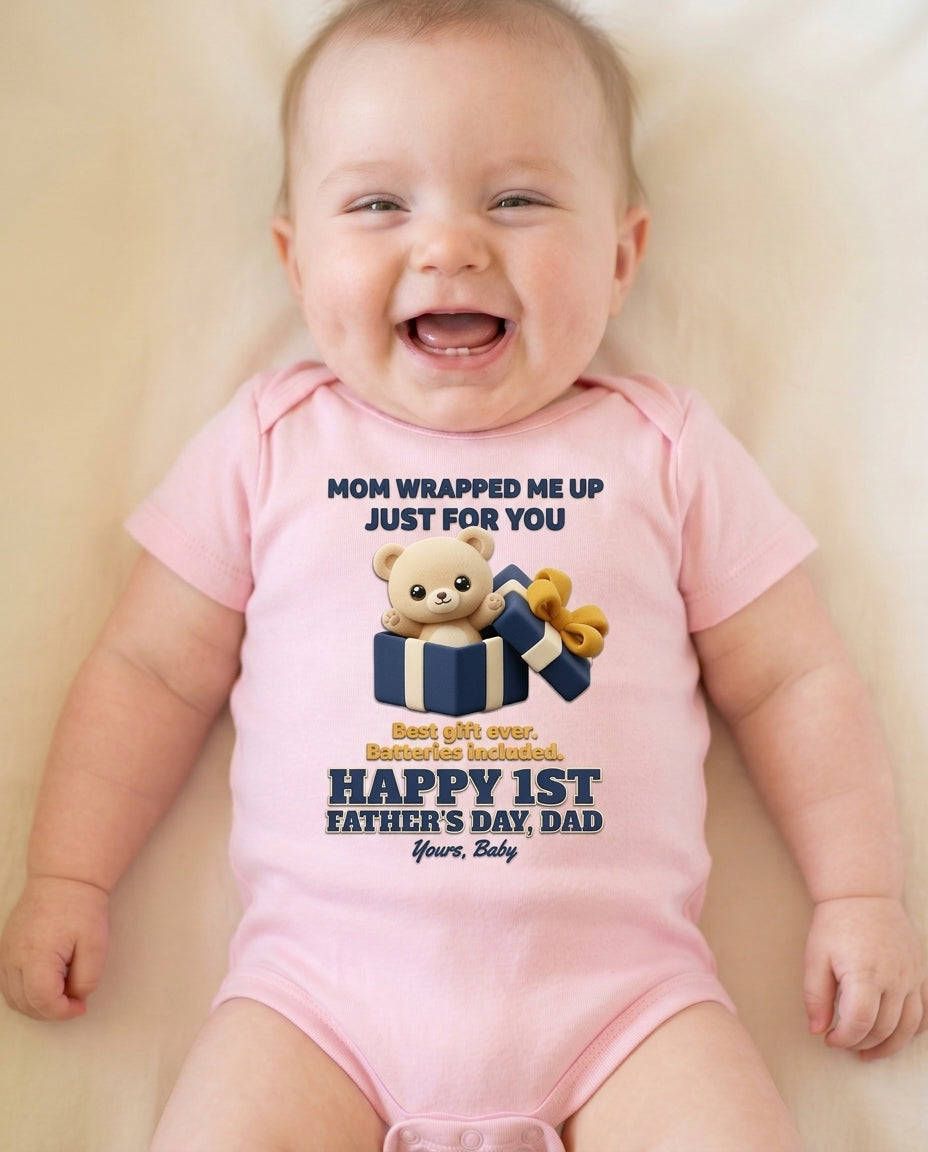 TotKind - Wrapped Bear in Gift Box  Mom Wrapped Me Up FD-I - Baby Onesie