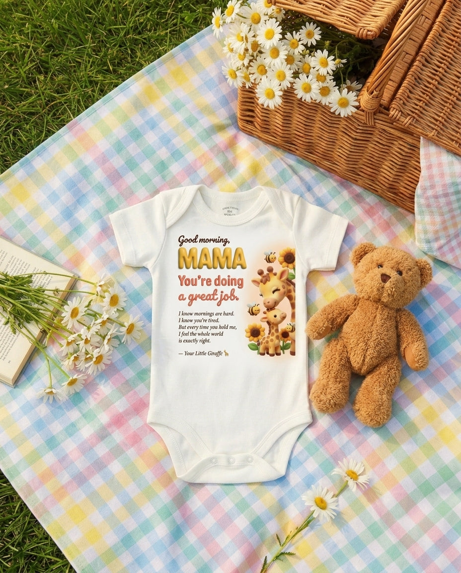 Giraffe Morning Hug Baby Onesie