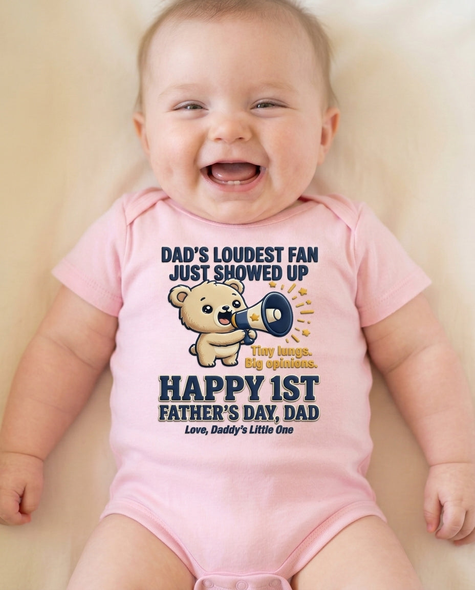 TotKind - Megaphone Bear  Dads Loudest Fan Just Showed Up FD - Baby Onesie