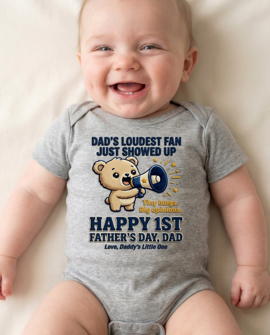 TotKind - Megaphone Bear  Dads Loudest Fan Just Showed Up FD - Baby Onesie