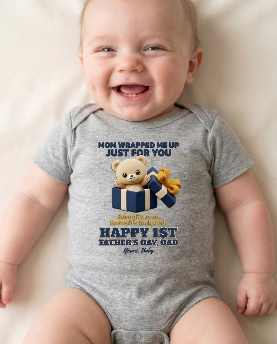 TotKind - Wrapped Bear in Gift Box  Mom Wrapped Me Up FD-I - Baby Onesie
