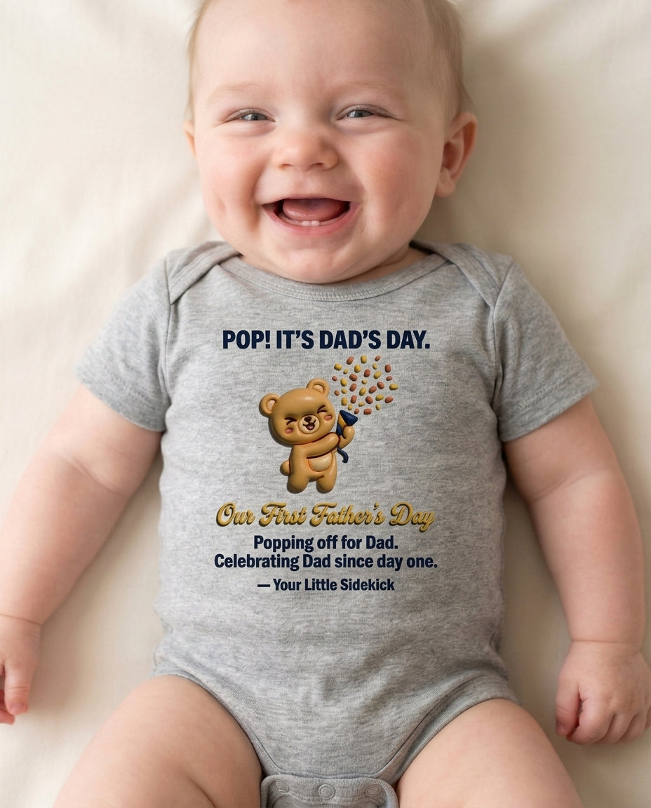 TotKind - Party Popper Bear  Our First Fathers Day - Baby Onesie - 11052026