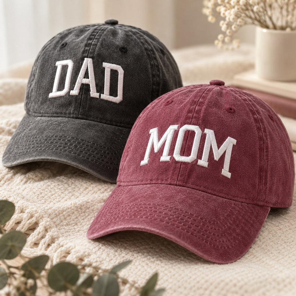 Mom & Dad Embroidered Cap Set — detail