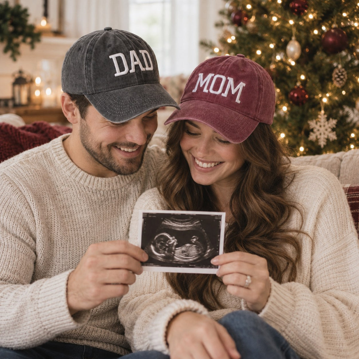 Mom & Dad Embroidered Cap Set — at Christmas