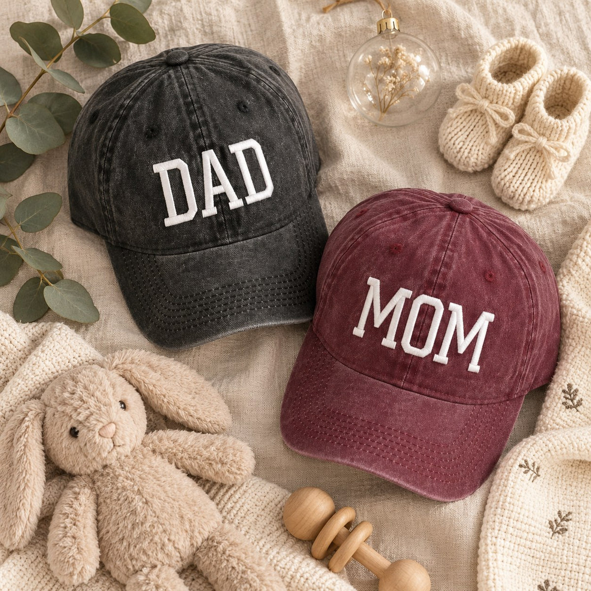 Mom & Dad Embroidered Cap Set — flat lay