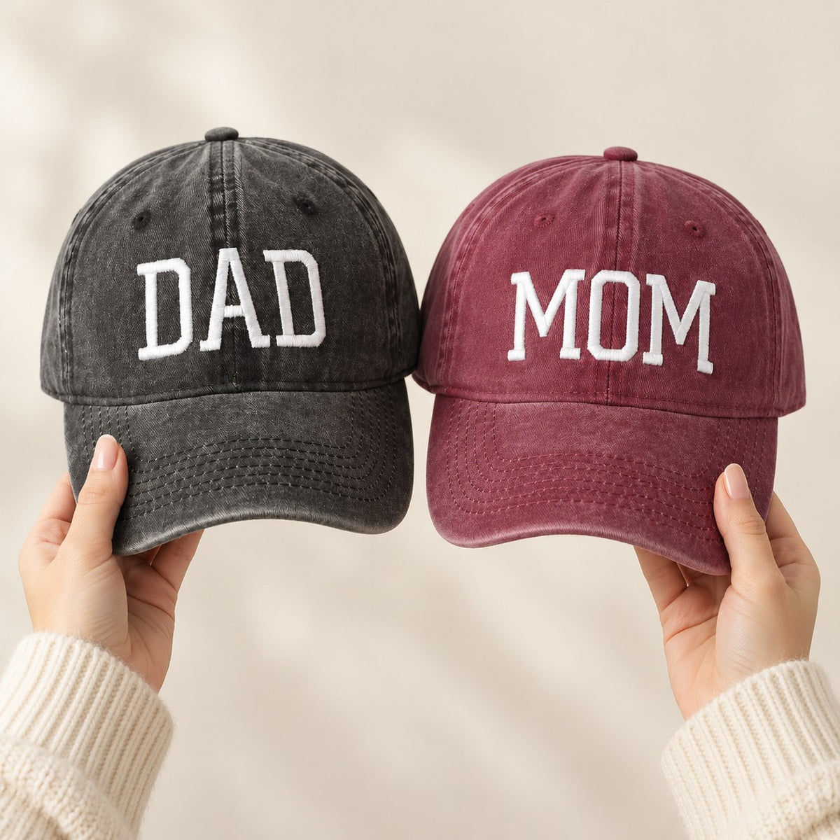 Mom & Dad Embroidered Cap Set — size in hand