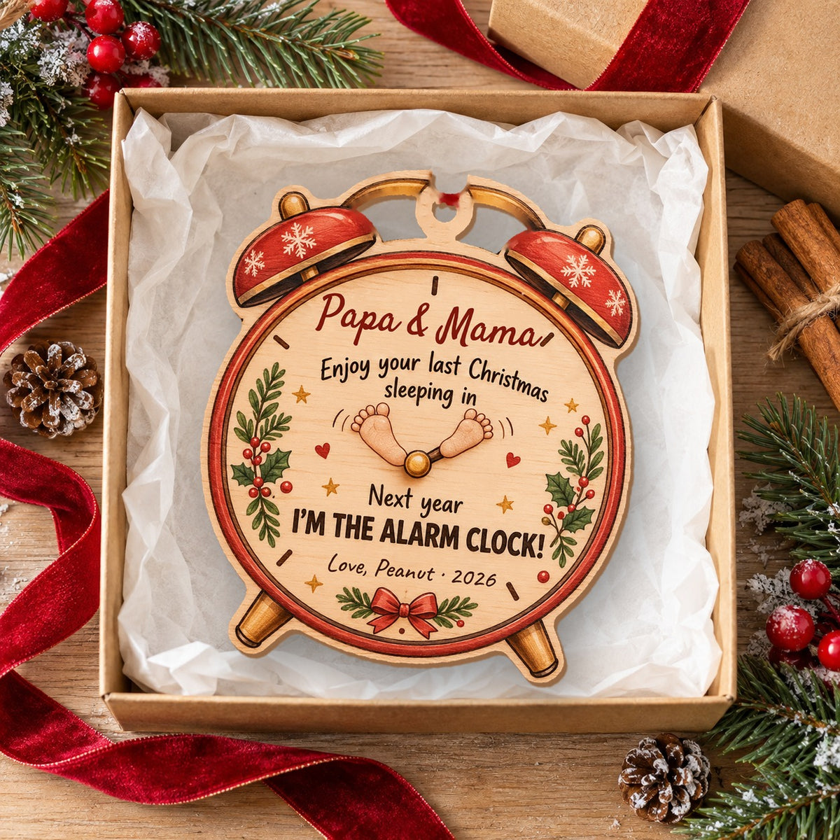 Personalized Next Year I'm The Alarm Clock Wooden ornament in a kraft gift box