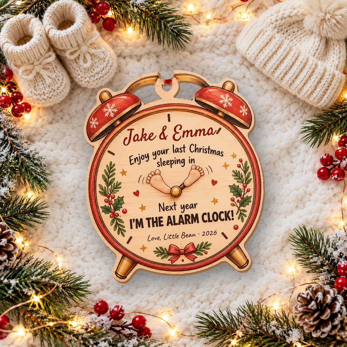 Personalized Next Year I'm The Alarm Clock Wooden ornament flat lay with baby booties