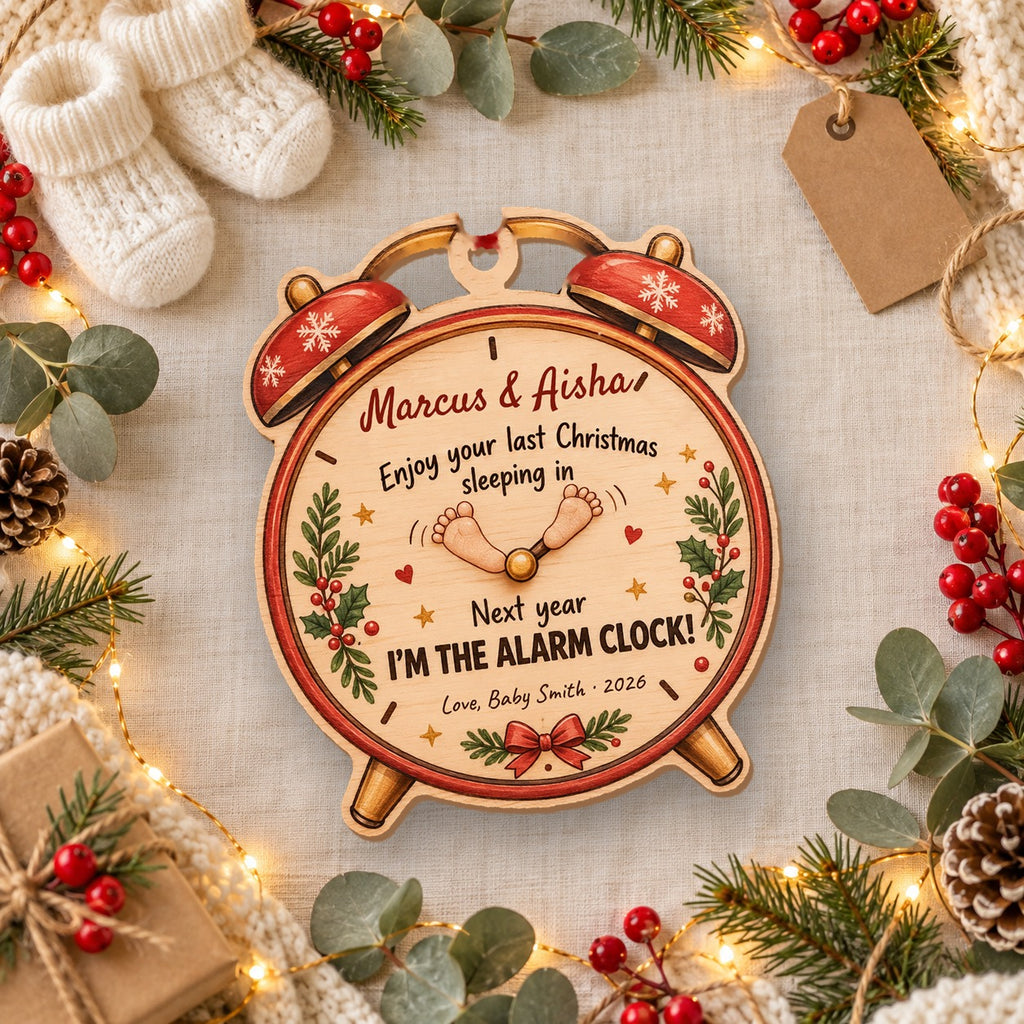 Personalized Next Year I'm The Alarm Clock Wooden ornament flat lay